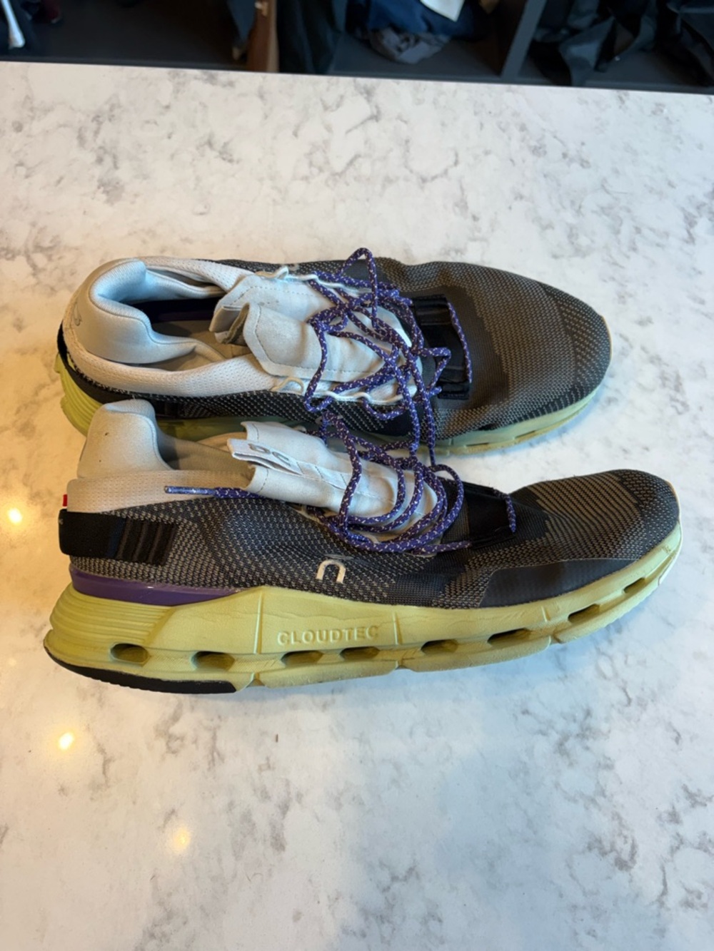 On Running Men's Athletic Shoes in Olive Green with Yellow and Purple Accents